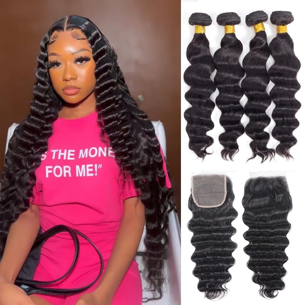 Deep Wave 3 Bundles With Closure - Extensiones de Cabello Humano Ondulado Suelto