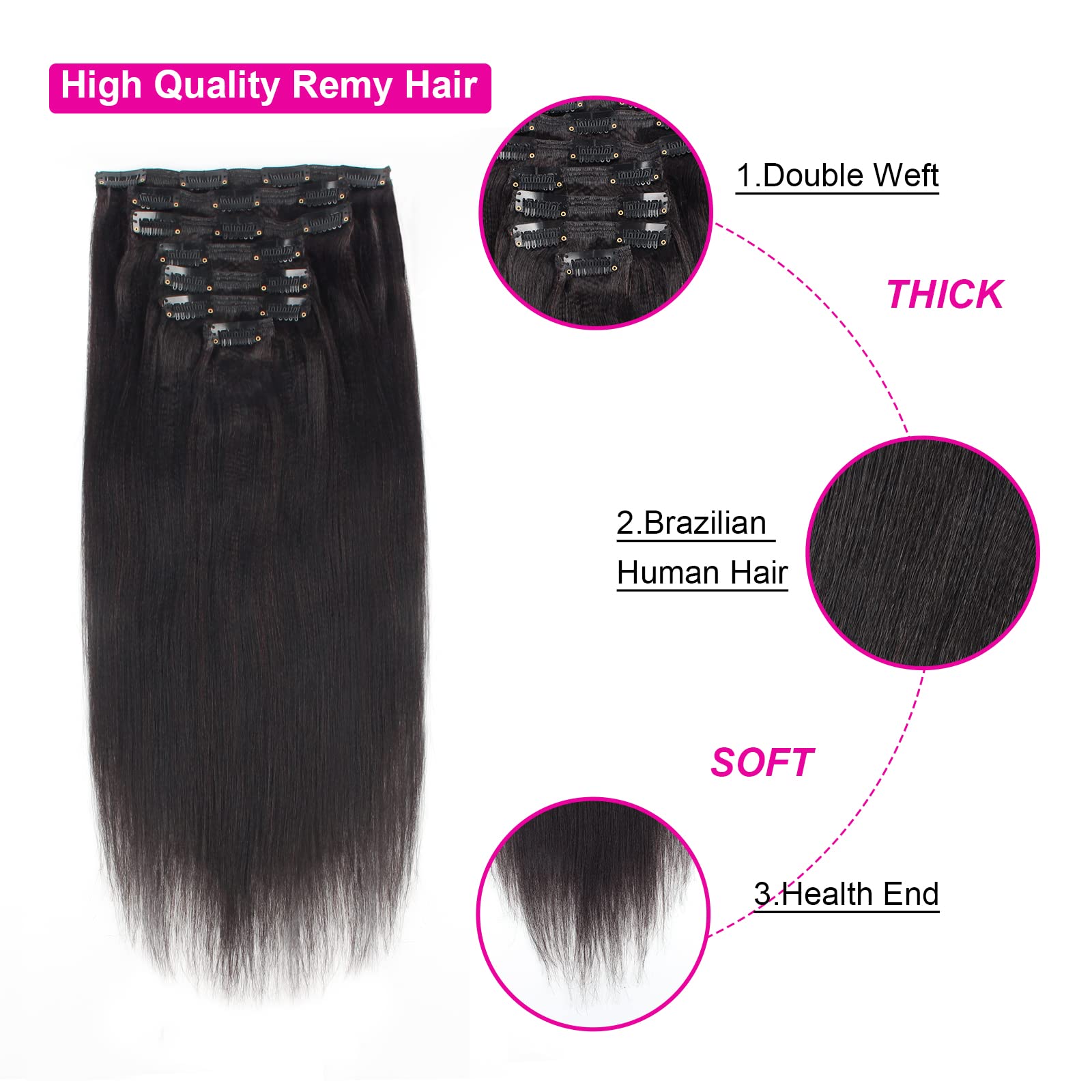 Clip recto Yaki en extensiones - Seamless Clip In Hair Extensions Human Hair reseña y precio